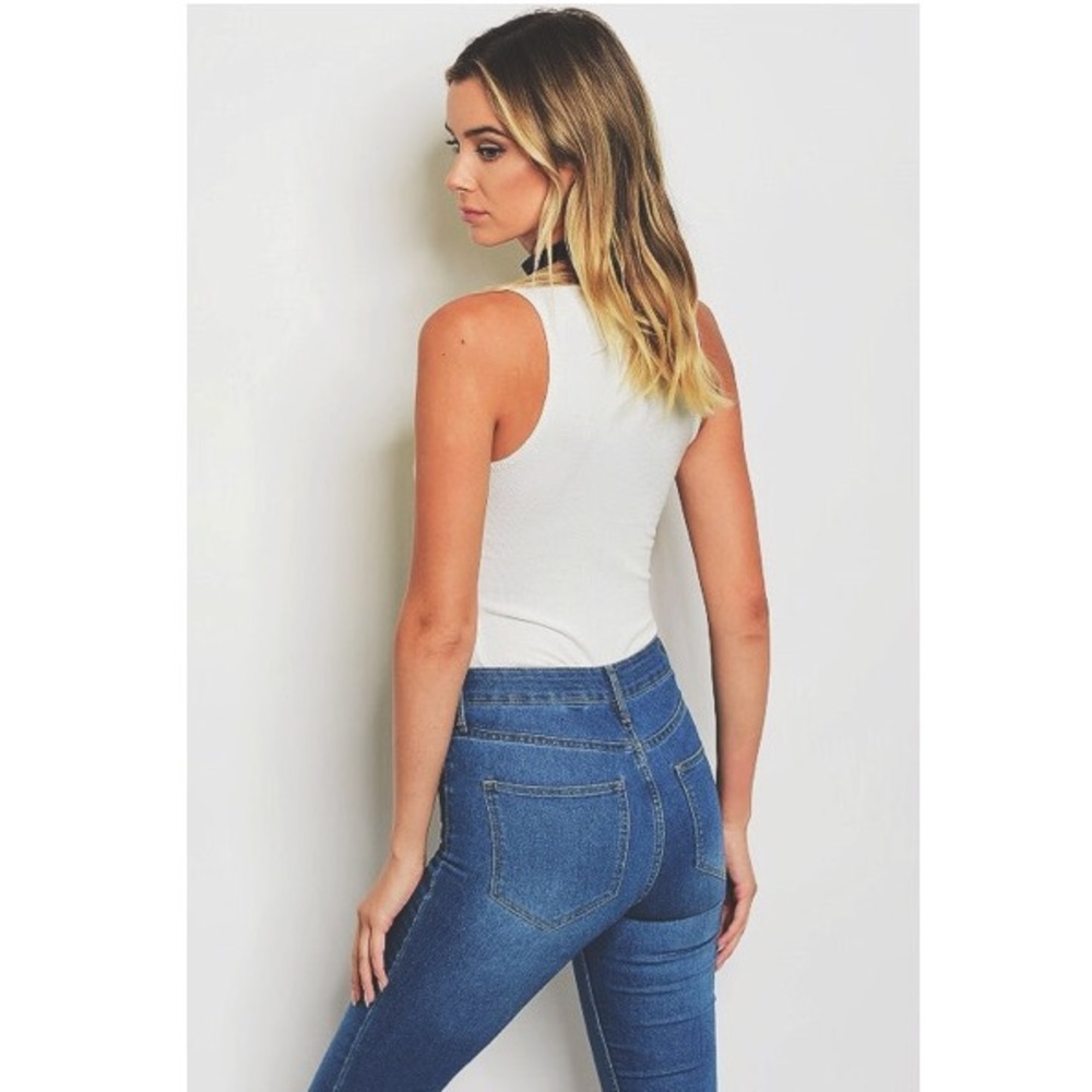 Ivory Lace Cut Out Ribbed Bodysuit Sweater Tank - Picture 3 of 6